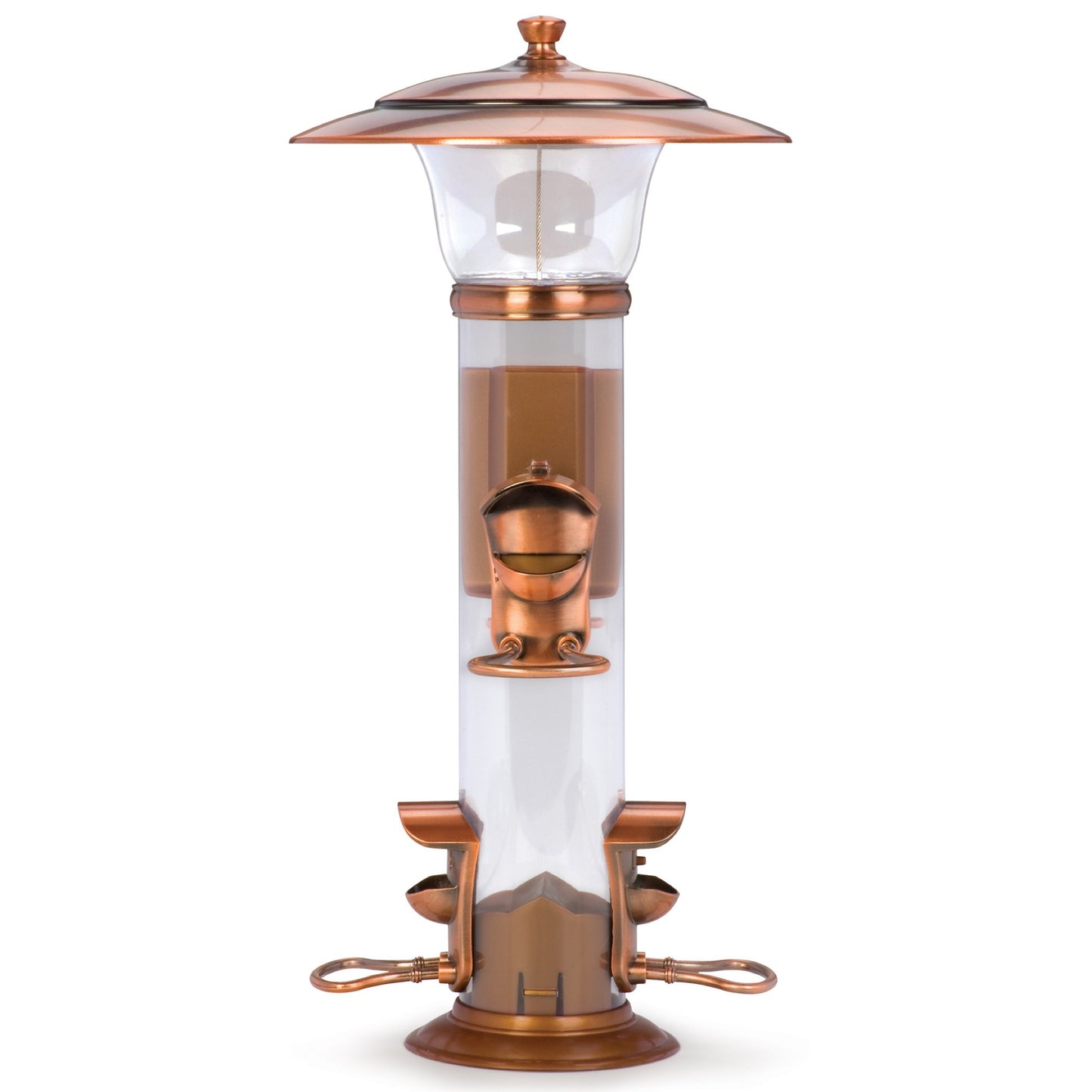 copper tube bird feeder with metal perches and clear seed reservoir on white background