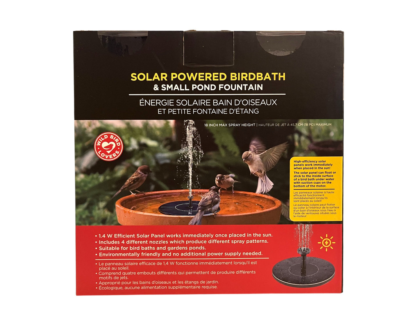 Solar powered bird bath fountain pump packaging showing birds at terracotta bird bath with water spraying, 1.4W solar panel included
