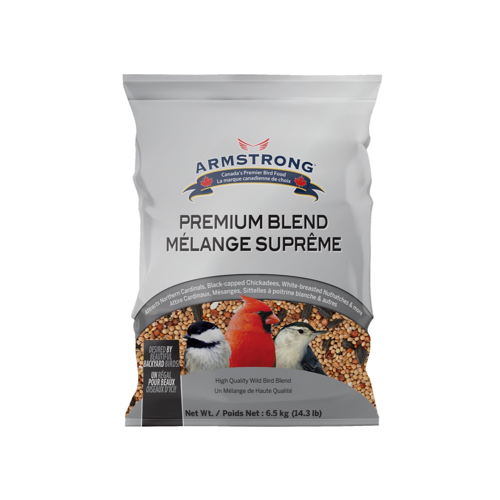 armstrong supreme blend bird seed bag on white background
