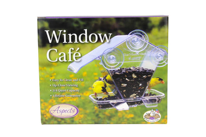 Aspects Window Café bird feeder box showing American Goldfinches feeding at clear acrylic window feeder