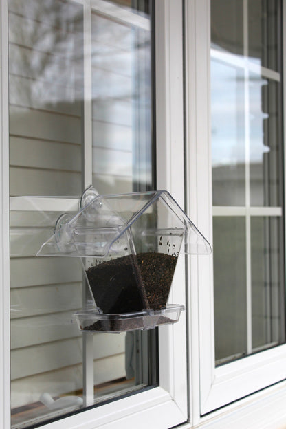 Aspects Window Café clear acrylic bird feeder mounted on exterior window with nyjer seed inside