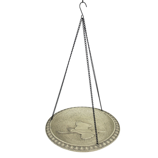 Audubon 12-inch hanging bird bath with embossed egret design suspended from black powder-coated steel chain, weathered stone finish