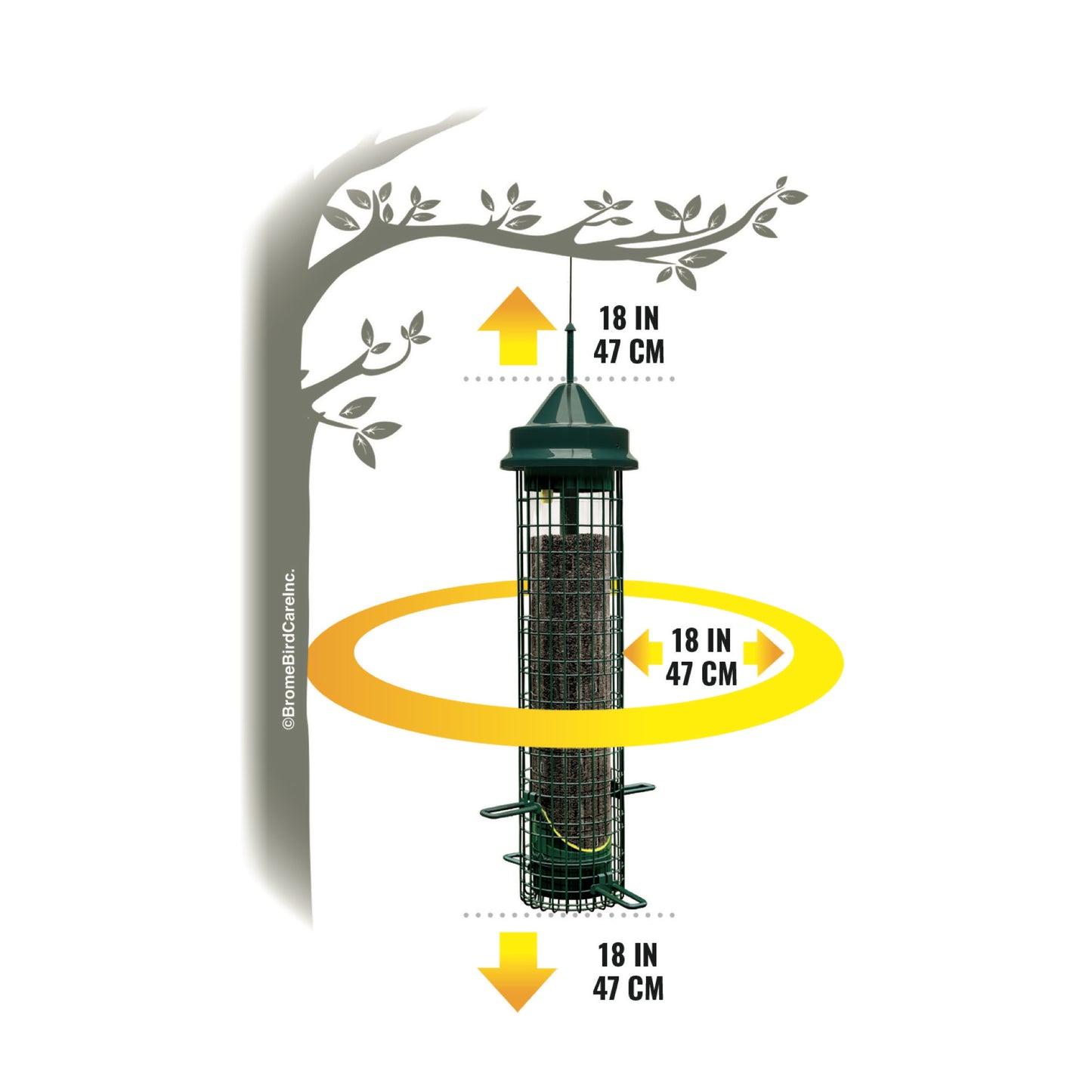 squirrel buster finch feeder showing recommended clearance space