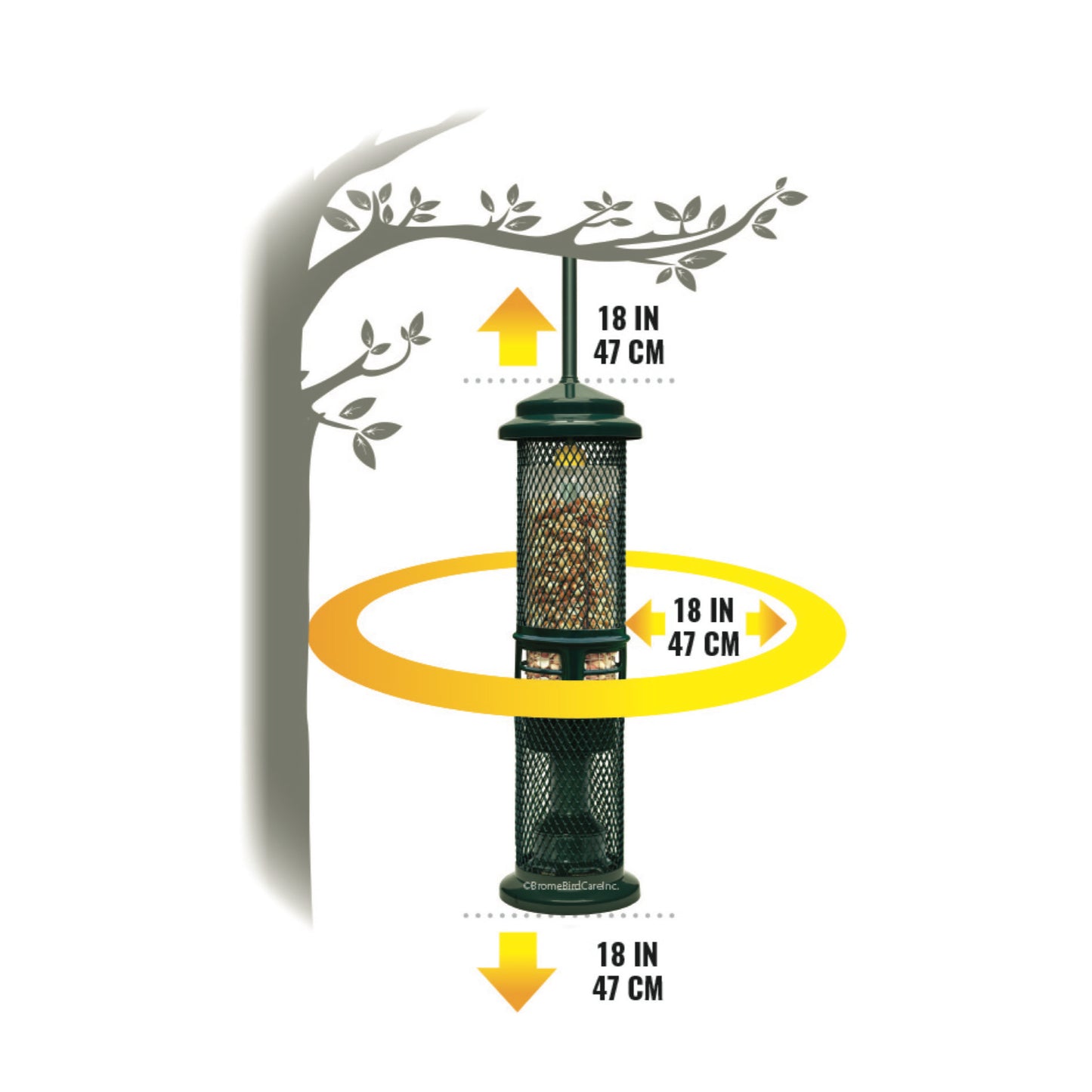 squirrel buster plus bird feeder showing recommended clearance space