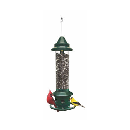 Squirrel Buster Plus bird feeder on a white background with a cardinal and a finch