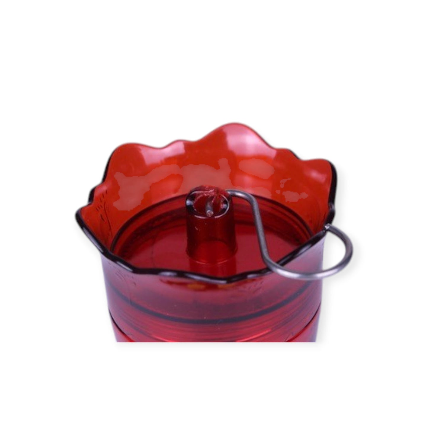 Close-up of built-in ant moat on Kingsyard glass hummingbird feeder showing water barrier and hanging hook detail