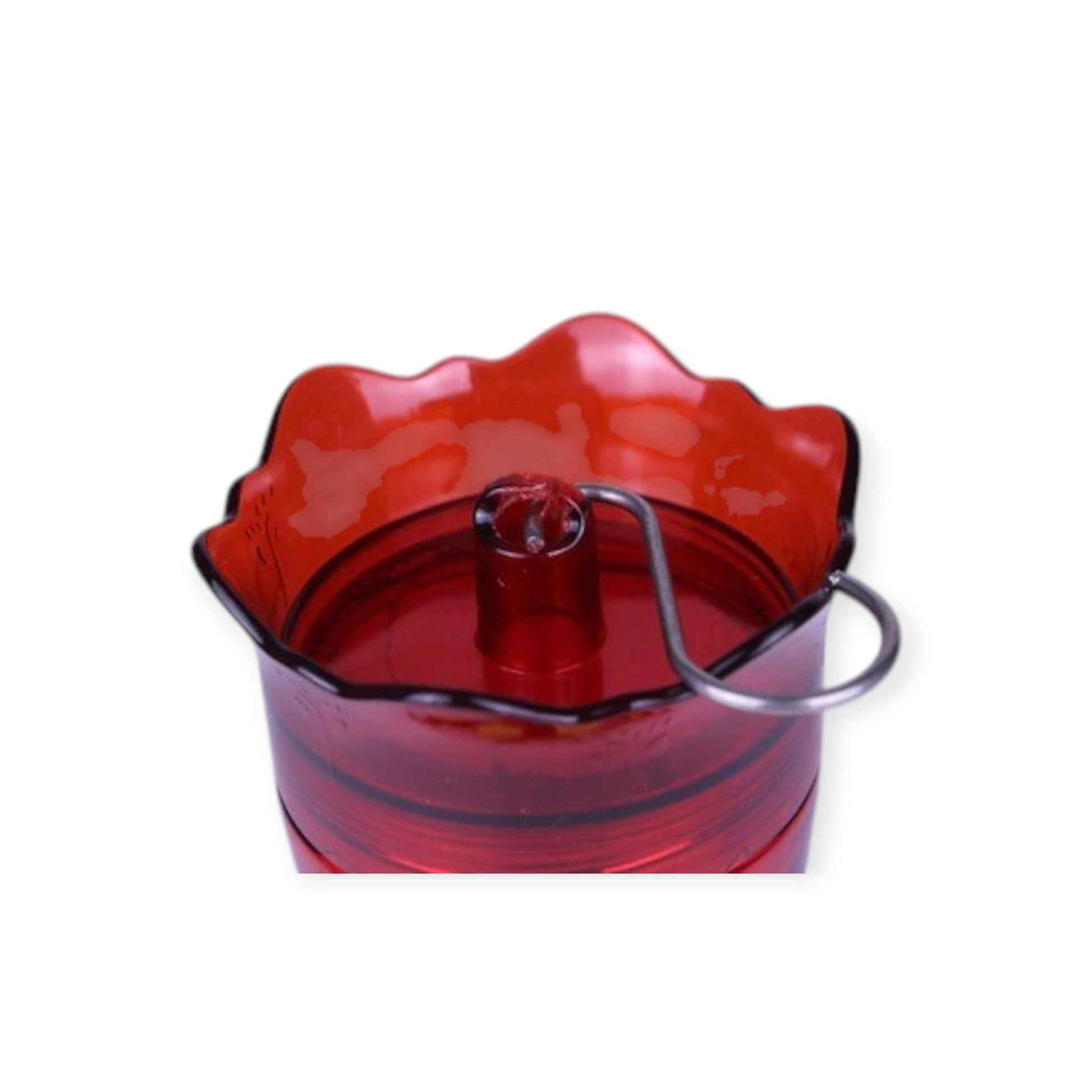 Close-up of built-in ant moat on Kingsyard glass hummingbird feeder showing water barrier and hanging hook detail