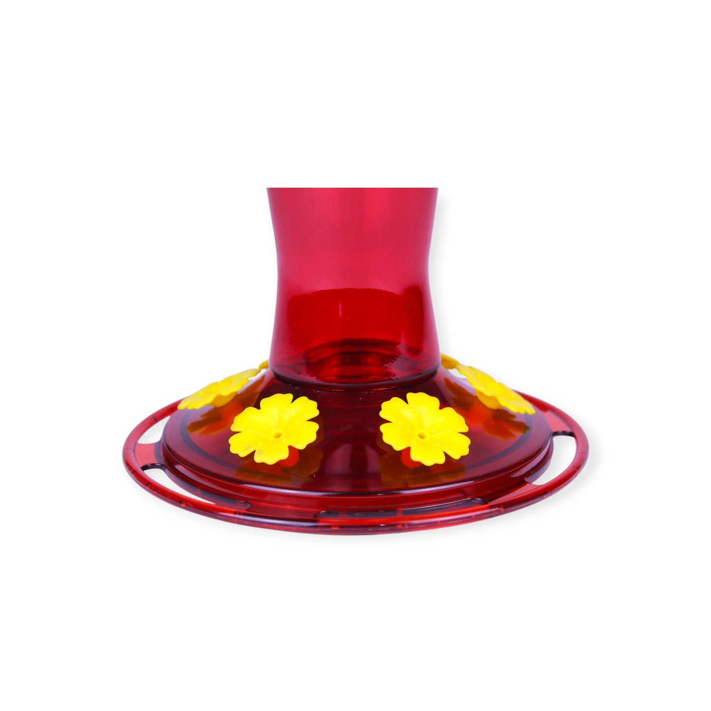 Bottom view of Kingsyard hummingbird feeder base showing 6 yellow bee-proof flower-shaped feeding ports, red glass, Canada