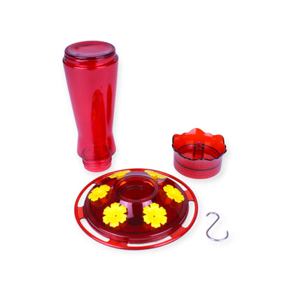 Kingsyard glass hummingbird feeder parts laid out showing reservoir, ant moat, base with 6 yellow flower feeding ports and hanging hook, Canada