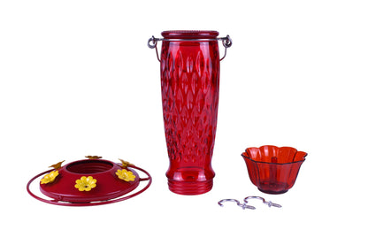 Kingsyard Touch of Nature hummingbird feeder disassembled showing glass bottle, base with yellow feeding ports, ant moat cup, and hanging hardware