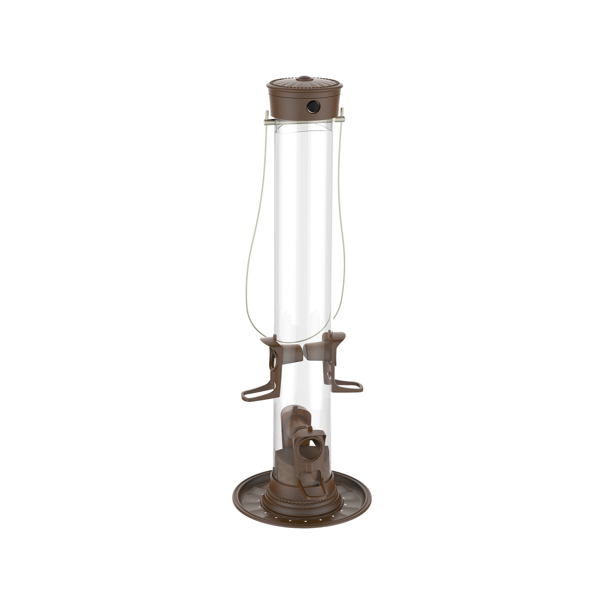 Bronze More Birds radiant tube seed feeder with clear silo body and multiple metal feeding ports, shown on a white background
