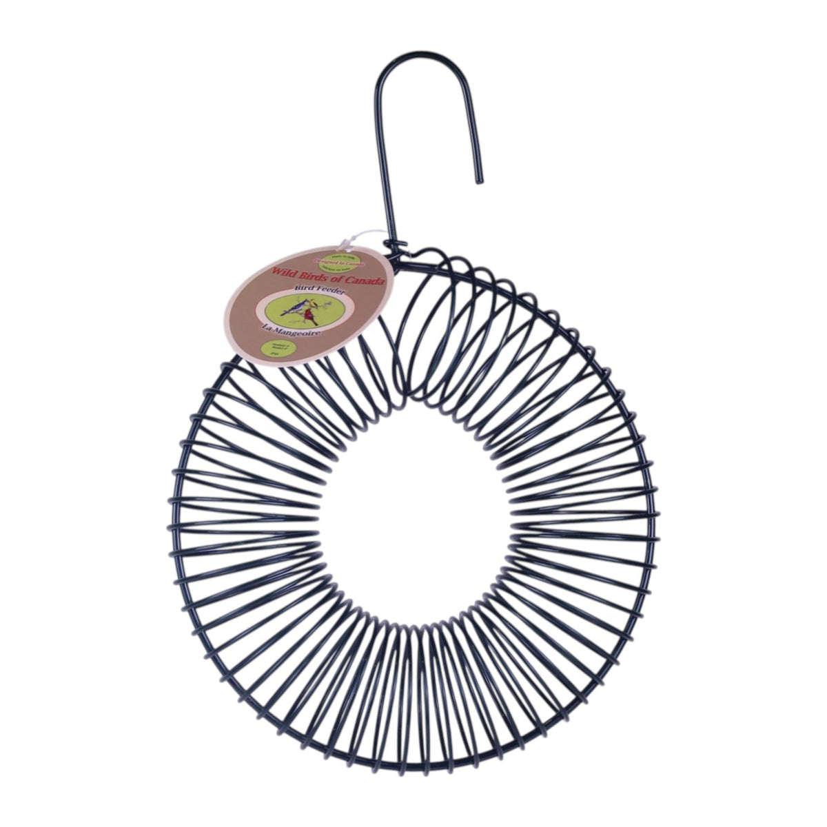 Empty peanut coil bird feeder with hanging hook, dark green metal wire design