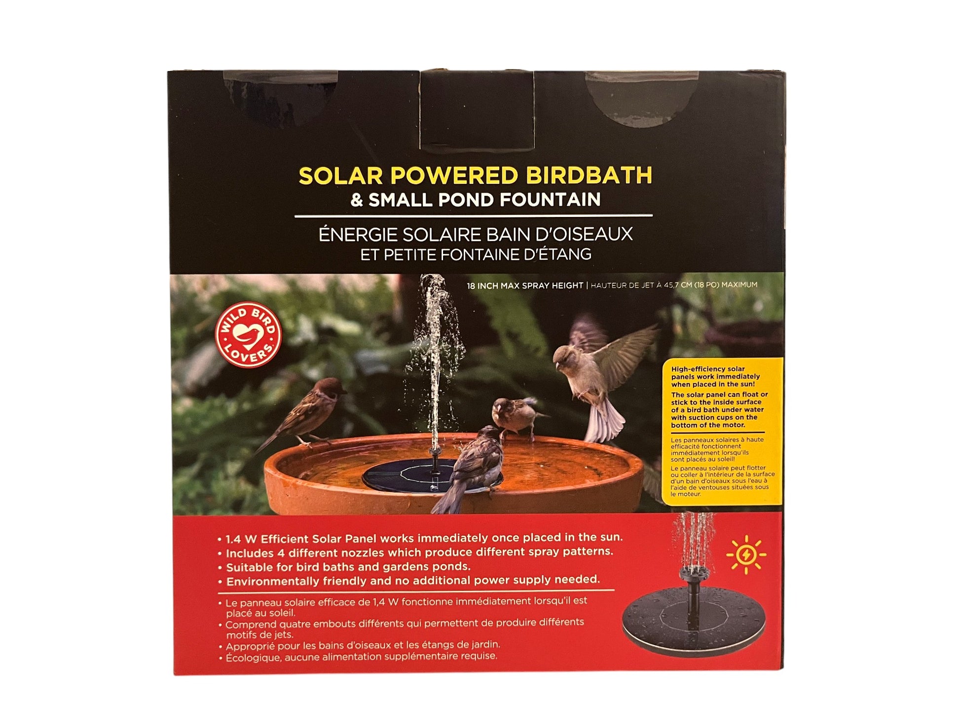 Solar powered bird bath fountain pump packaging showing birds at terracotta bird bath with water spraying, 1.4W solar panel included