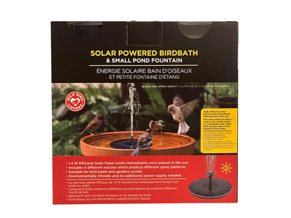 Solar powered bird bath fountain pump packaging showing birds at terracotta bird bath with water spraying, 1.4W solar panel included