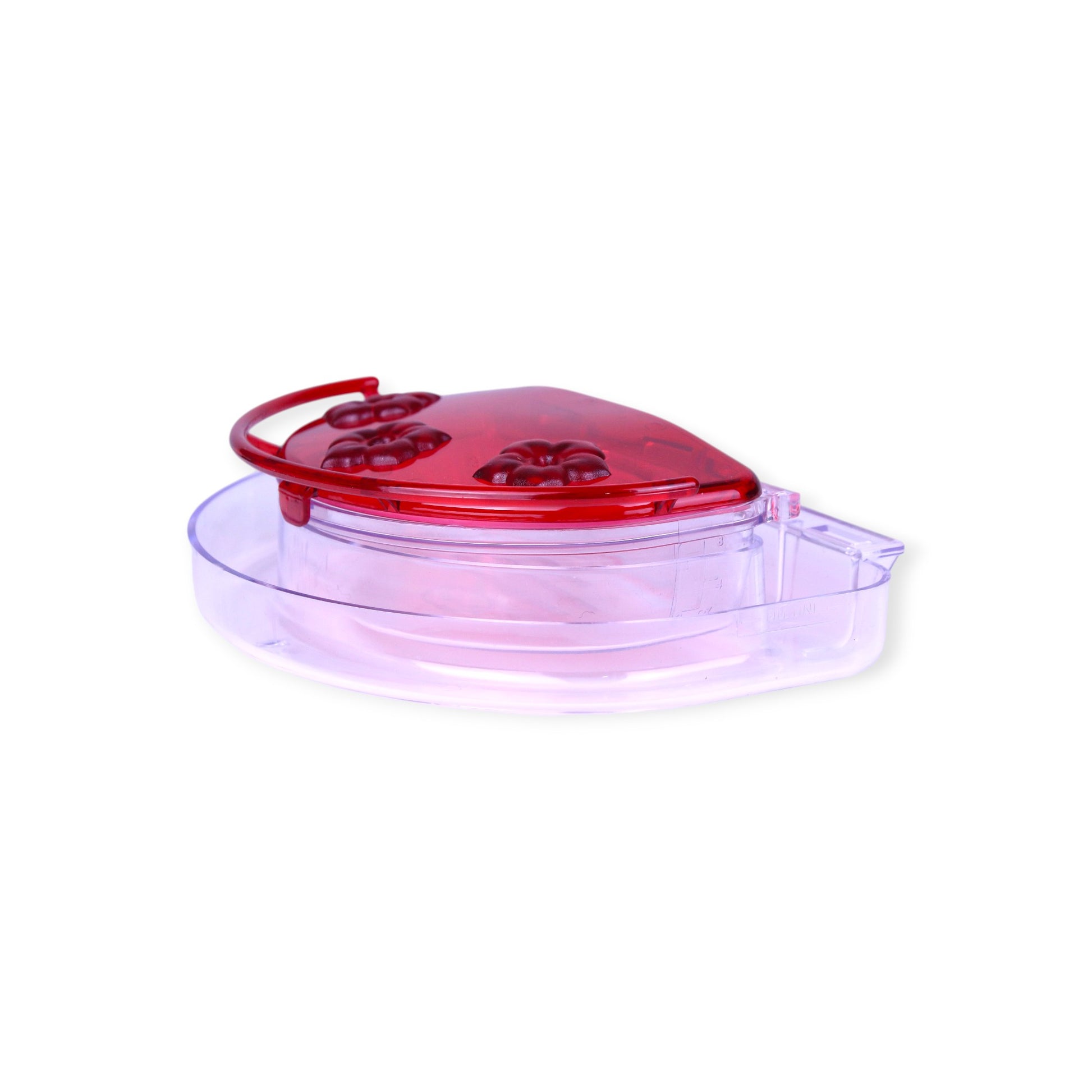 Aspects Jewel Box window hummingbird feeder side view showing suction cup mount and red feeding tray, Canada