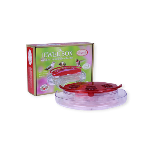 Aspects Jewel Box window hummingbird feeder with original packaging showing 8oz capacity and 3 feeding ports, Canada