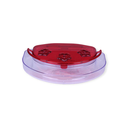 Aspects Jewel Box window hummingbird feeder front view showing 3 red flower feeding ports and clear reservoir, Canada