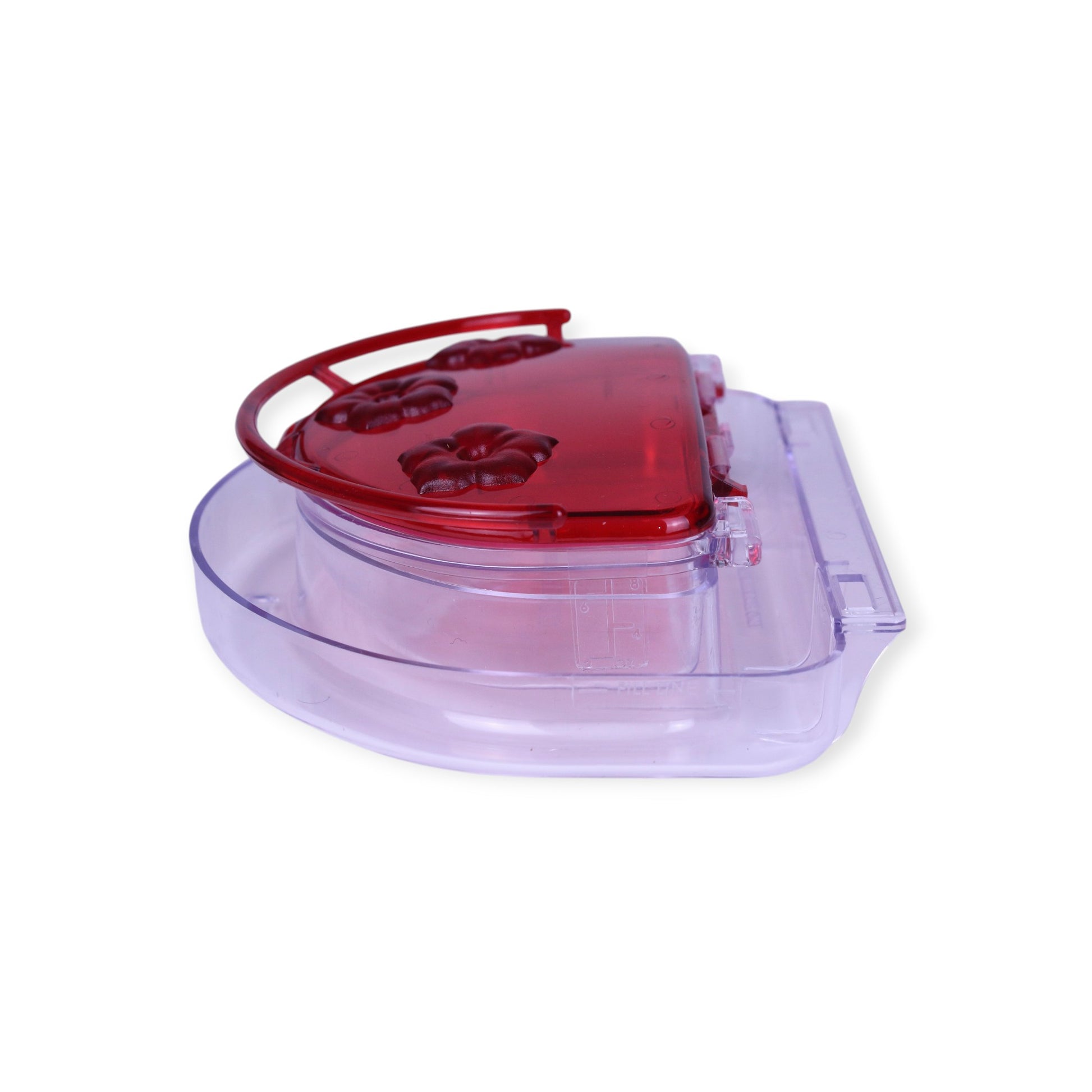Aspects Jewel Box window hummingbird feeder angled view showing clear nectar reservoir and red feeding ports, Canada