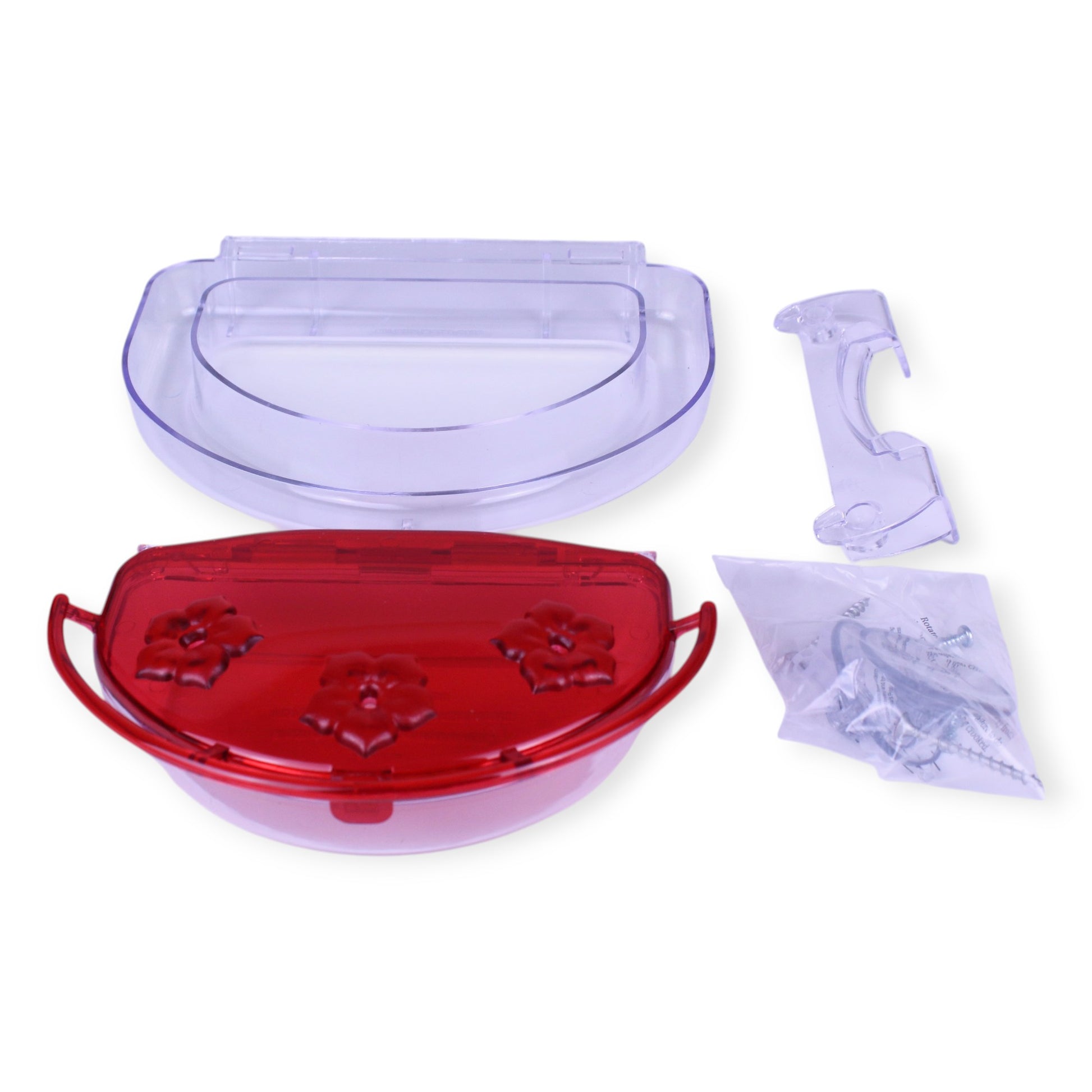 Aspects Jewel Box window hummingbird feeder parts showing clear reservoir, red feeding tray with 3 ports, window bracket and mounting hardware, Canada